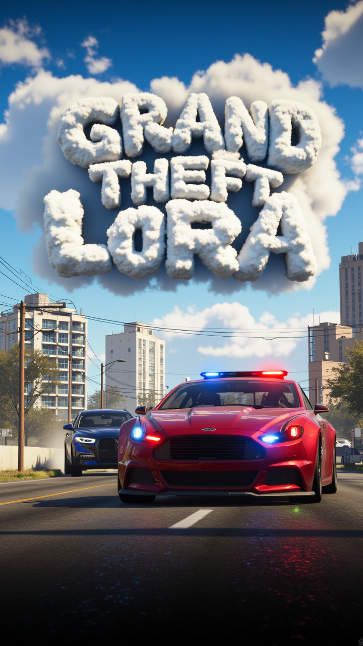 Epic Game Poster with a stunning police chase and the Text:"GRAND THEFT LORA" made out of clouds     , aidmaGTA6, aidmatextimrover