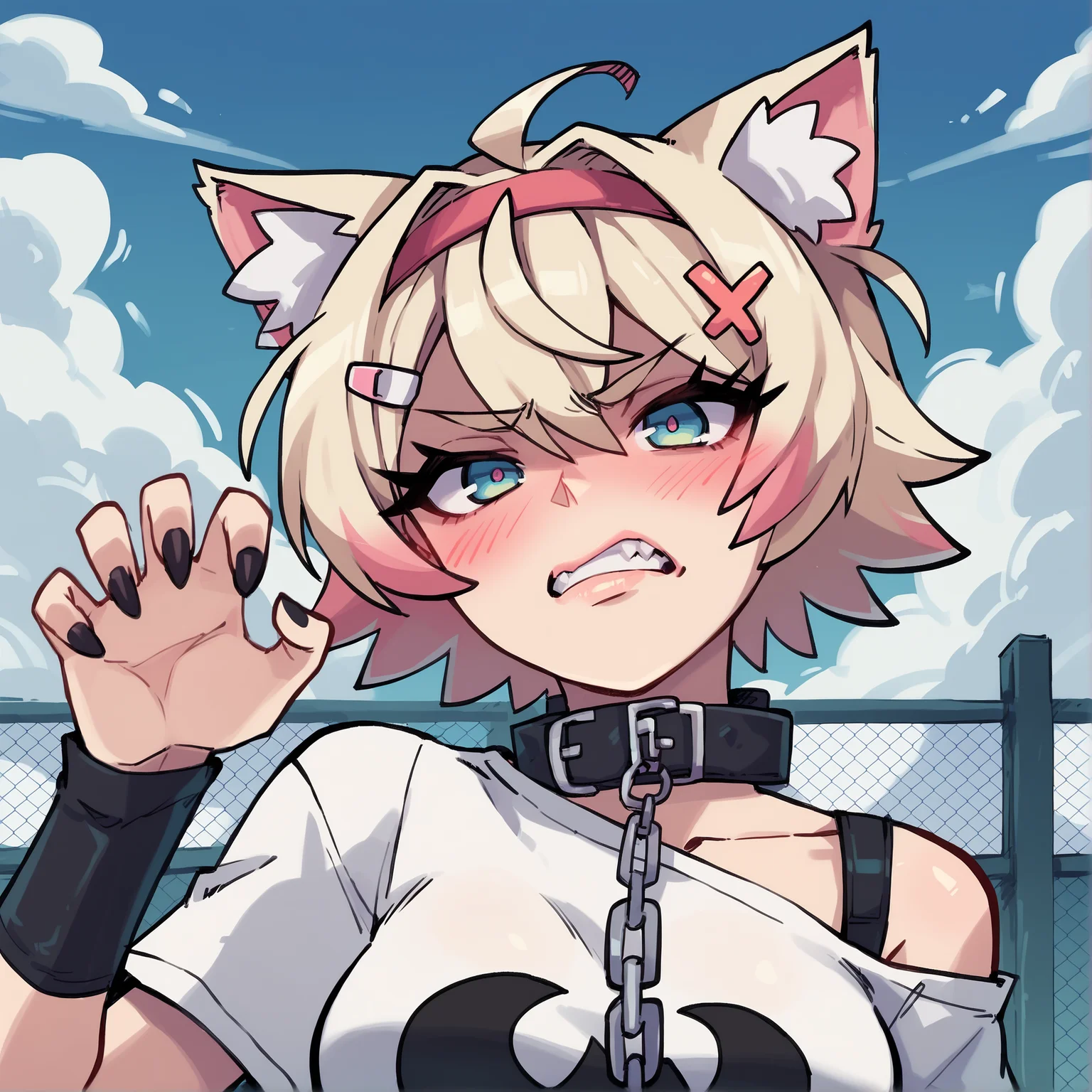 score_9, score_8_up, score_7_up, source_cartoon, rating_safe BREAK 
embedding:hda\HDA_MasterpieceXL_v.1, g3rph_style, 1girl, MococoBase, animal ear fluff, messy short hair, streaked hair, hairband, hairclip, fluffy tail, black painted nails, thick eyelashes, lips, intense glare, looking up at viewer holding leash, chain leash, collar, annoyed, disgusted face, clenched teeth, blush, head tilt, white cropped shirt, short sleeves, off-shoulder, leather arm warmers, (perfect hands:1.1), black claw pose, close-up portrait, bold lineart, smooth shading, dutch angle, filled frame, embedding:hda\HDA_BKGD_Rooftop