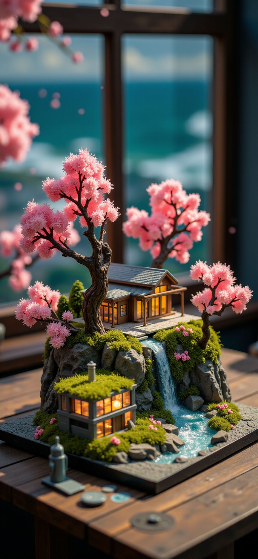 (indoors,indoor,isometric view,side view,tilt-shift lens:2), (fna_style,miniature,miniature,diorama,miniature,diorama,PVC,plastic:2),starry night (sakura:1.5) ,(forest:0.2),(colorful,Rust_Decay:2) (moss,ivy,|(office building,shopping center wit glass:2)(office building, church with glass:2)), sea,cliff in (wooden square plate:2), on (table:2) at (attic:2.5)   <lora:Fantasy_Novel_Art_Style:1> <lora:Rostpunk:0.2> <lora:Rust_Decay_flux_lora:1> <lora:JJsOfficeBuilding_Flux_r1:0.4>