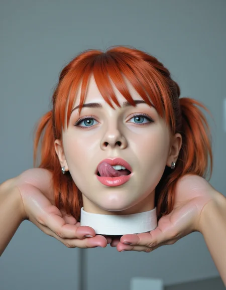 This image is a highly detailed <lora:real-lora:1.2> (ultrarealistic:1.2) pov view of the viewer looking down and holding <lora:Asuka_Langley_flux_prototype_v2:.9> ppasuka bodiless disembodied head lying on her back. <lora:headonly-flux:1> (h3adonly:1) she is wearing an interface headset. she has blue eyes. her hair is red-orange in two side up. She is being held in the viewer's hands in a medical lab with a bandage wrapped around the bottom of her neck. her mouth is slightly open. <lora:sxxxyMouth__rank16_bf16:1> sxxxy mouth sxxxymouth, licking_lips, parted_lips, tongue left,  seductive