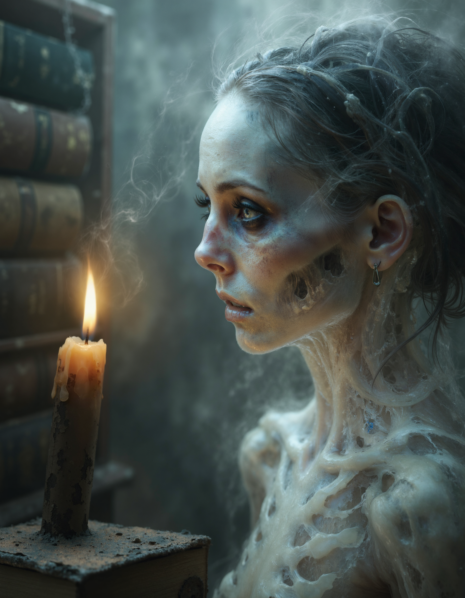 zavy-ghst, Extreme macro close-up of a ghostly face with features softly blurred, translucent skin glistening like dew, wispy strands of iridescent vapor swirling instead of hair, the ghost is gazing intently at a flickering candle flame, set against a backdrop of an ancient library filled with dust-covered tomes and cobwebs, ethereal and haunting photographic style with a dreamlike quality, color palette of muted pastels interspersed with deep shadows and hints of soft gold.