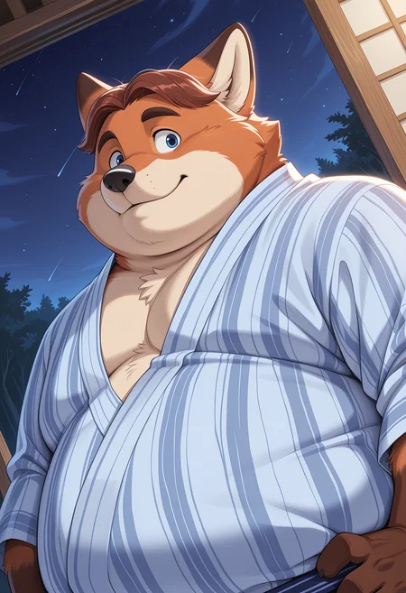 masterpiece, best quality, amazing quality, dutch angle, abstract background, BREAK
solo, 1boy, furry male, zoo_gg, fox boy, fox ears, blue eyes, brown hair, fat, overweight, yukata, japanese clothing, fox tail, upper body focus, BREAK
<lora:cfg_scale_boost:.6> <lora:Gideon_Grey_-_Zootopia_-_ILXL:1>