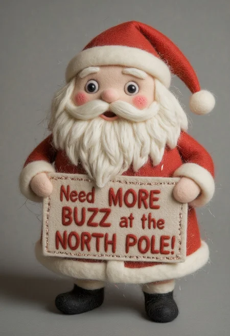 felt-crafted, felt art, XmasDemon
A plump, cheerful felt XmasDemon Santa Claus made from soft red and white felt, with a fluffy felt beard stitched in swirls of white thread. His rosy felt cheeks are adorned with tiny pink stitches, and his glowing black button eyes twinkle with hope. He’s holding a sign made of stitched tan felt, with uneven red felt letters spelling out: "Need More Buzz at the North Pole!"