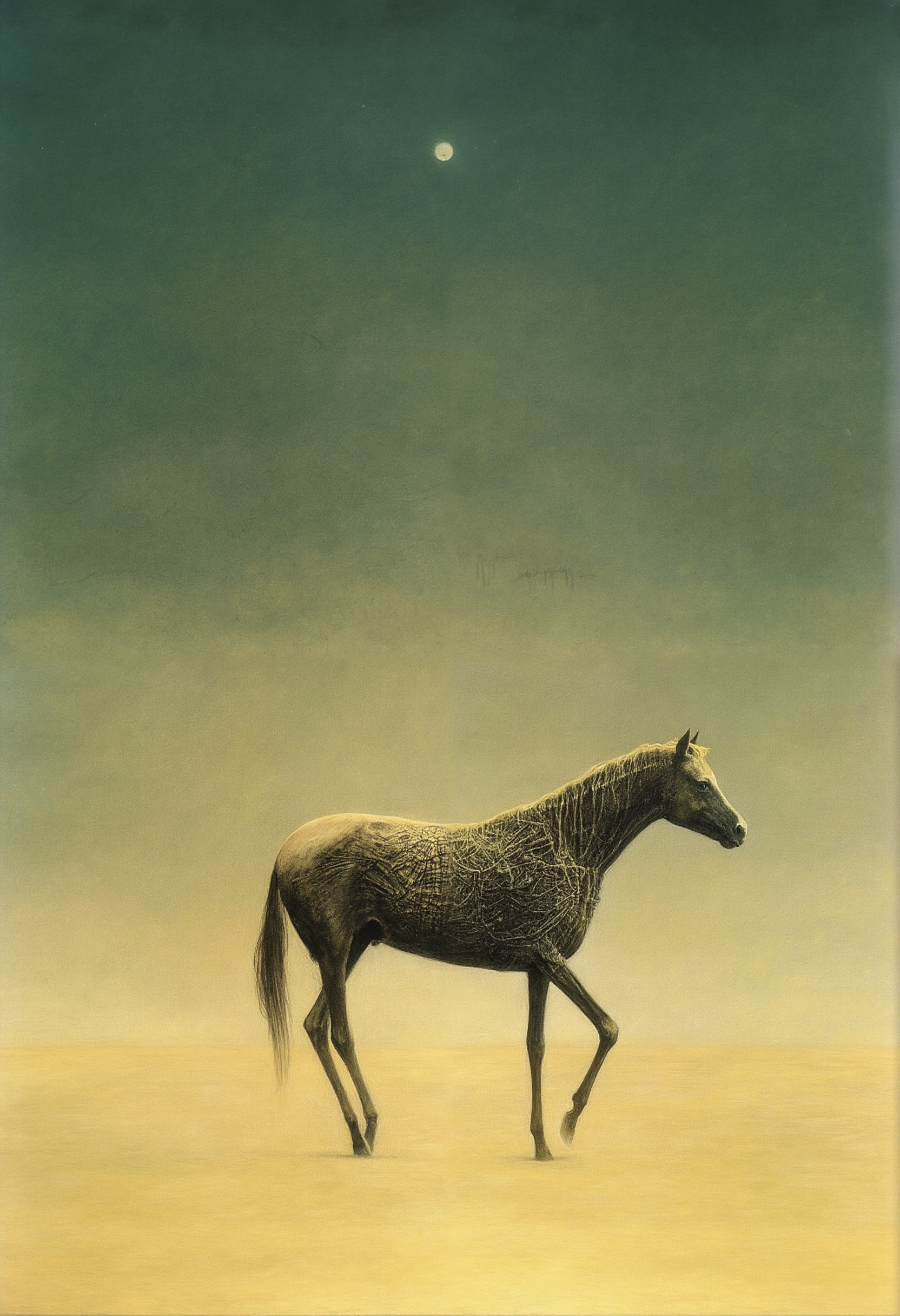 <lora:Flux\Styles\Beksinski 2\Beksinski.safetensors:0.8:0.8>, a horse with no name slowly walking in the desert