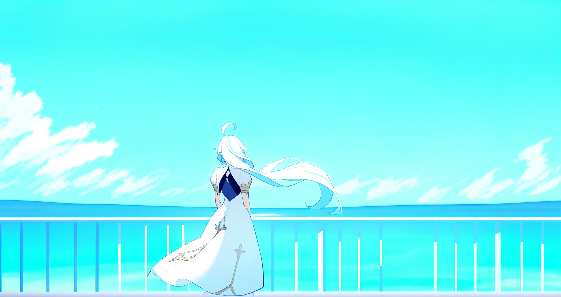 <lora:Furina_v2-000044>,
1girl,ahoge,arms_behind_back,bare_shoulders,blue_hair,blue_sky,blue_streaks,cloud,day,dress,facing_away,floating_hair,focalors_(genshin_impact),from_behind,genshin_impact,highres,horizon,long_hair,multicolored_hair,ocean,outdoors,railing,sky,sleeveless,sleeveless_dress,solo,standing,streaked_hair,very_long_hair,water,white_dress,white_hair,