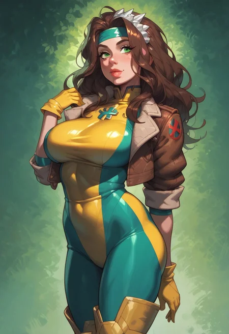 safe_pos, score_9, score_8_up, score_7_up, masterpiece, best quality, Flint_SR_Style
BREAK 
1girl, solo, up, RogueXMXL, green eyes, brown hair, two-tone hair, long hair, headband, large breasts, round breasts, cropped jacket, brown jacket, sfw, yellow gloves, yellow boots, yellow-green bodysuit, perfect anatomy
BREAK 
 side view, textured skin, green background, medium long shot 
BREAK
Posing sexy, hand on hip,