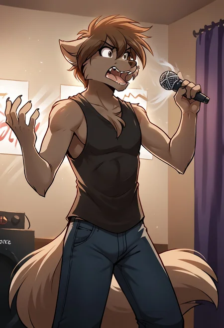 score_9, score_8_up, score_7_up,score_6_up,score_5_up, source_furry
BREAK
solo, furry male anthro, medium hair, flat chest, (Mouth open, screaming), mohawk, black sleeveless T-shirt, black jeans, (indoors, standing, on stage, light show, smoke), Microphone, microphone in hand, shouting into the microphone
BREAK
<lora:Zen-Twokinds-SDXL-AnonTK-V1:0.85>, zen-twokinds, keidran, wolf tail, <lora:p:0.35>