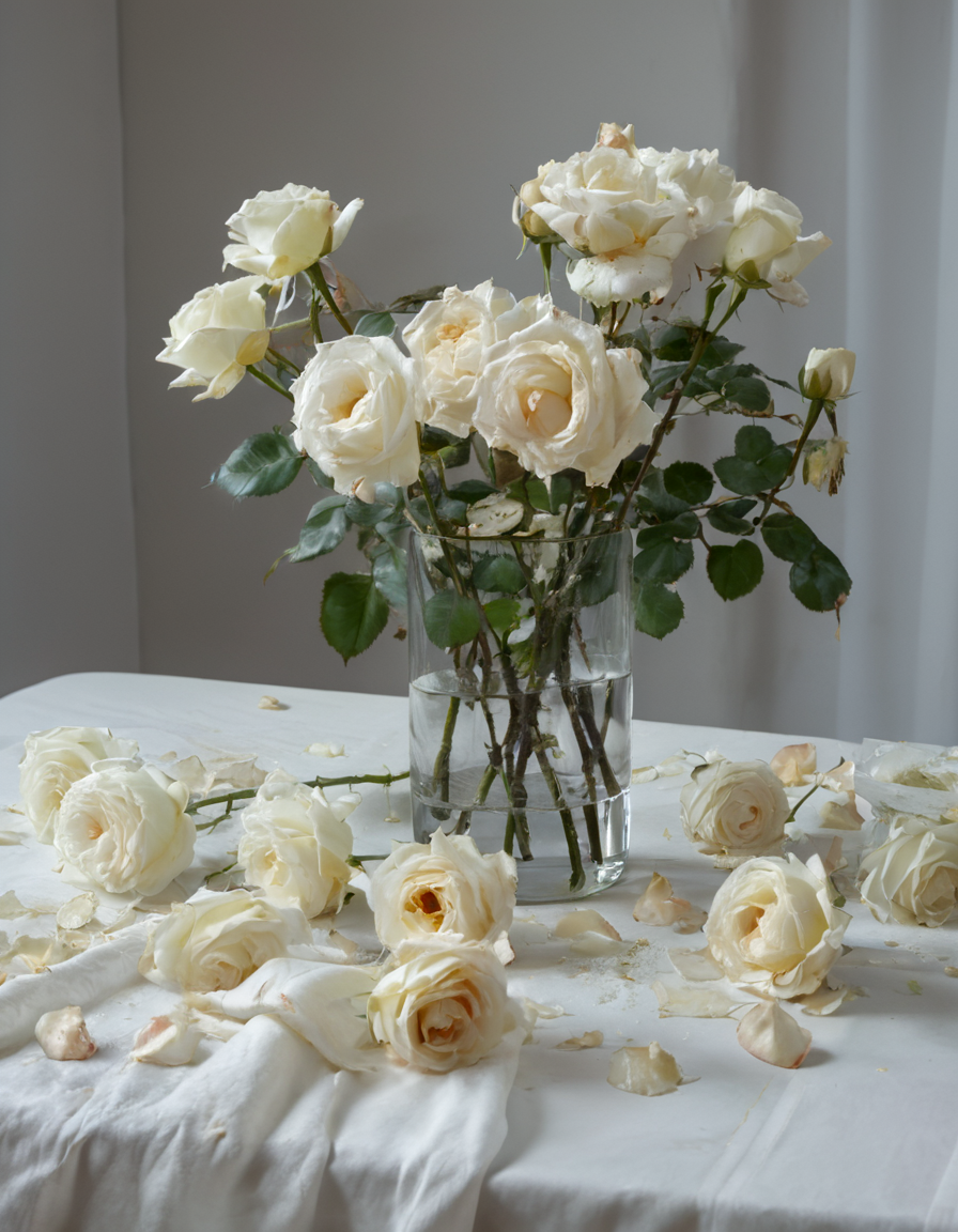 8k, RAW, masterpiece, best quality, very aesthetic, high resolution,
White roses arranged in a glass vase filled with water are placed on a white tablecloth. The roses are decaying, their petals falling onto the table. The colors of the roses are melting and flowing, an unreal and fantastic scene,
Detailed flower, still life painting, oil painting, <lora:roseyard:1>