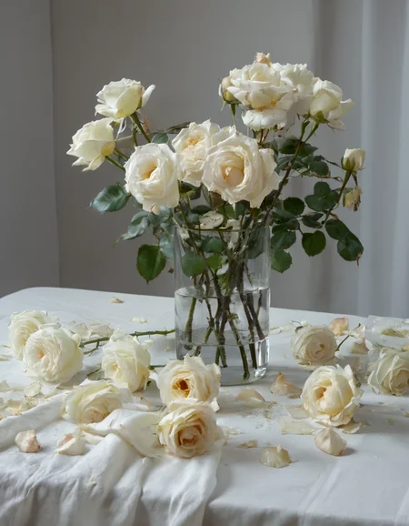 8k, RAW, masterpiece, best quality, very aesthetic, high resolution,
White roses arranged in a glass vase filled with water are placed on a white tablecloth. The roses are decaying, their petals falling onto the table. The colors of the roses are melting and flowing, an unreal and fantastic scene,
Detailed flower, still life painting, oil painting, <lora:roseyard:1>