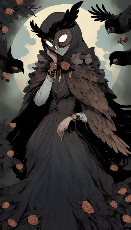 <lora:[XL]dark_fantasy_creature:1>A lady in an owl mask and a long run