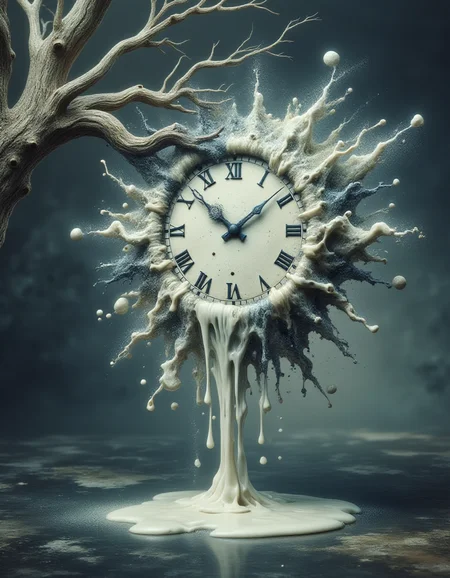 Inspired by surrealism, a scene featuring a grand clock draped over a barren tree branch, its form melting and warping as if made of soft wax. In a ral-dissolve effect, the numbers and hands of the clock begin to liquefy and drip downward, pooling into a reflective surface below. The dreamlike imagery and fluid transformation evoke a sense of time slipping away, blending reality with the subconscious.
<lora:ral-dissolve-flux_000005000:1>