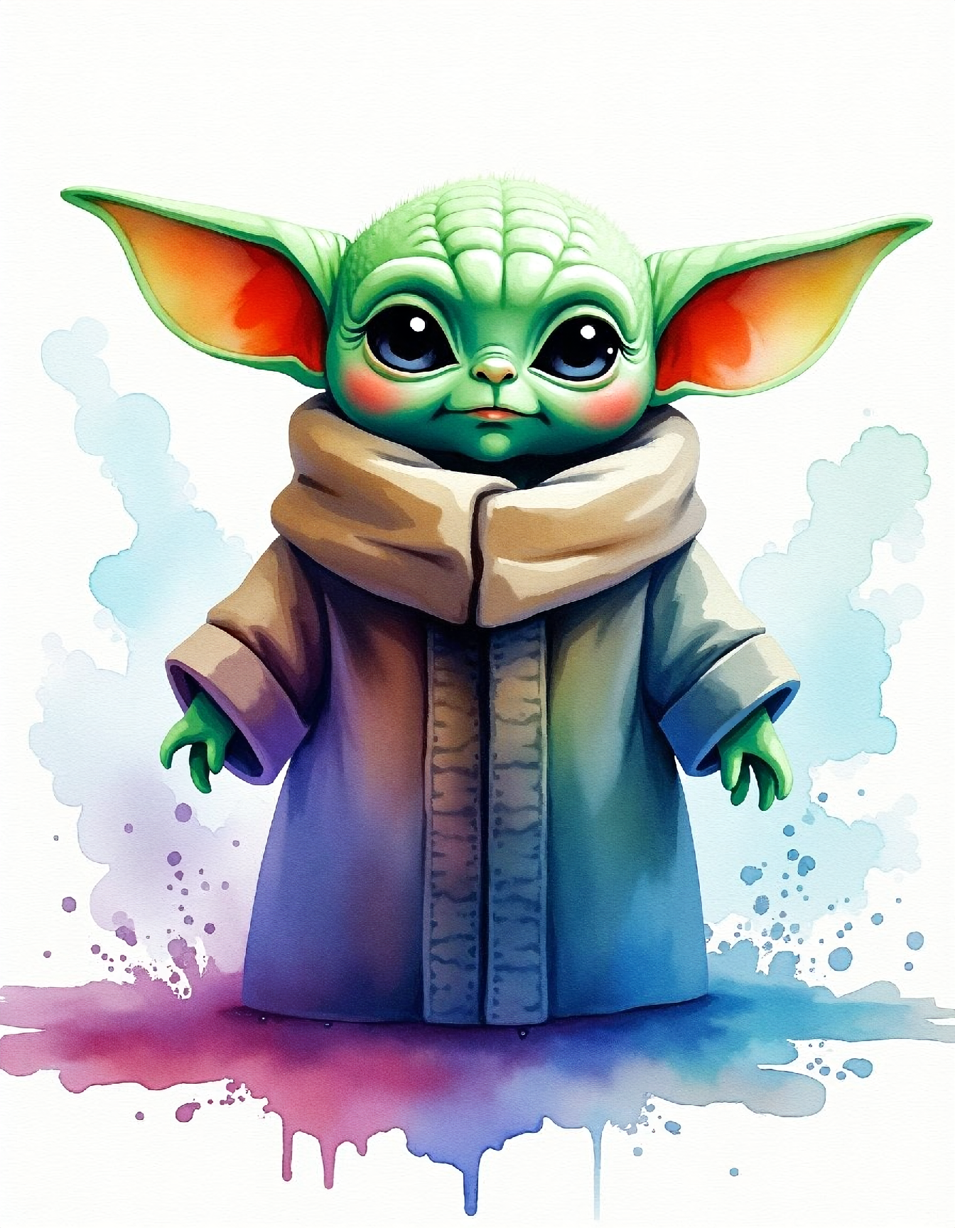 water color image on rough paper, Wet watercolor painting of Baby Yoda splashing onto canvas; colors drip and blend in unnatural gravity. Small figure is adorable with oversized ears and wide eyes. Background is soft gradient of blues and purples. Paint splatters create organic texture resembling Force energy. Paper absorbs excess pigment, creating subtle textures.