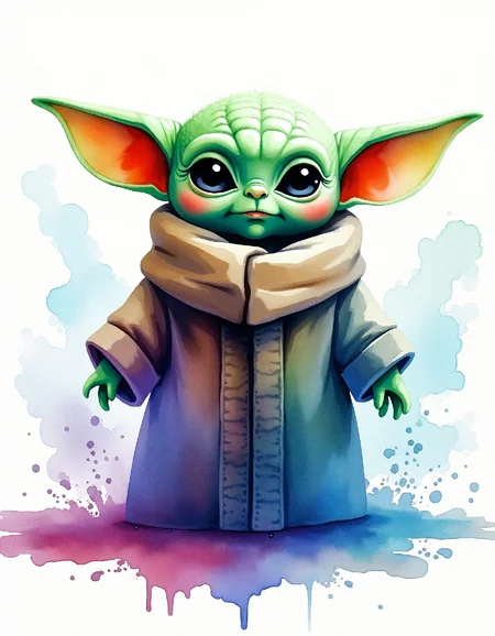 water color image on rough paper, Wet watercolor painting of Baby Yoda splashing onto canvas; colors drip and blend in unnatural gravity. Small figure is adorable with oversized ears and wide eyes. Background is soft gradient of blues and purples. Paint splatters create organic texture resembling Force energy. Paper absorbs excess pigment, creating subtle textures.