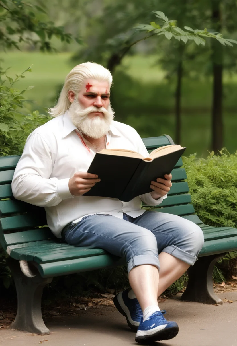 reinhardt sitting on a park bench reading a book,smiling,full body,best quality,8K,UHD,<lora:xl-reinhardt-000012:0.8>,scar across eye,beard,white hair,