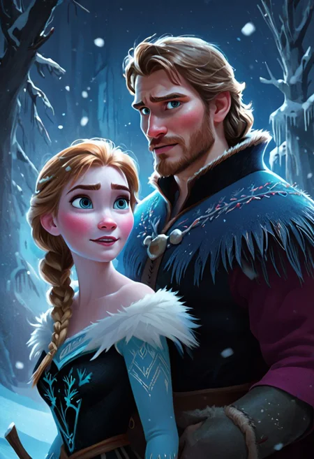 by Lois van Baarle,  1 female, anna from the movie frozen, 1 male, kristoff rom the movie frozen, couple, lovers,  axe, fur cape, garland of beads, night, moon, snow, blizzard, illustration, 2d, best quality, best facial detail