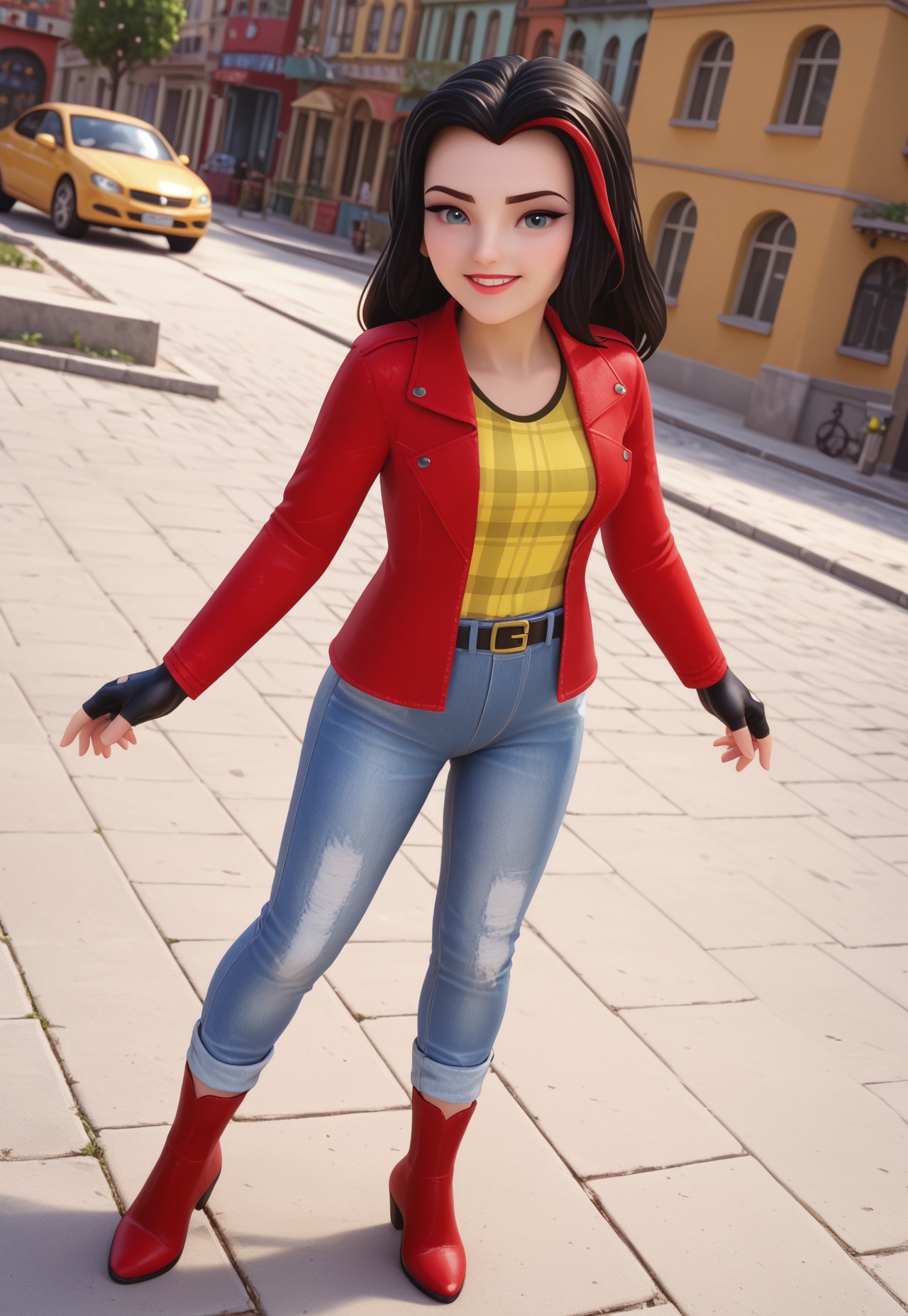 safe_pos, (zPDXL3) source_cartoon, solo, 1girl, full body, vicky_legofriends, black hair, streaked hair, jeans, fingerless gloves, red jacket, yellow shirt, boots, belt, outdoors, sexy, dynamic angle, looking at viewer, smiling,