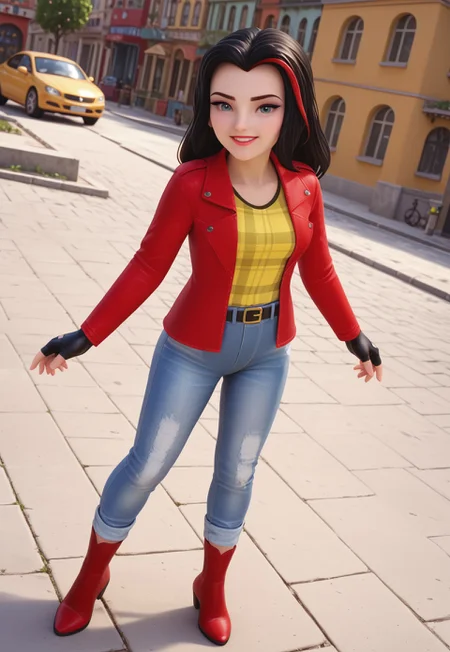 safe_pos, (zPDXL3) source_cartoon, solo, 1girl, full body, vicky_legofriends, black hair, streaked hair, jeans, fingerless gloves, red jacket, yellow shirt, boots, belt, outdoors, sexy, dynamic angle, looking at viewer, smiling,