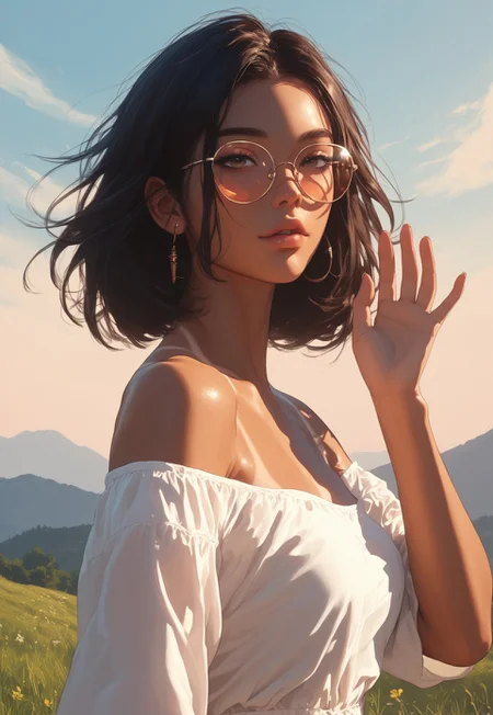 score_9, score_8_up, score_8_up, solo, 1girl,toned body,tanned body,hourglass body,woman,20 years old,tanlines,wearing an off shoulder summer dress,strawhat,tinned glasses,sunset at the horizon,clouds,standing at the countryside,mountains,glossy lips,close up face shot,hair waving in the air