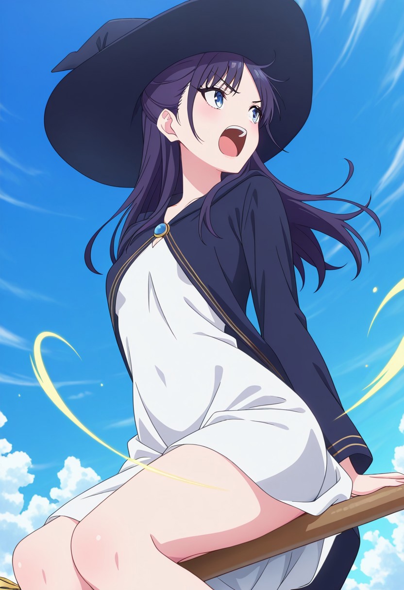 (absurdres, best quality, masterpiece:1.4), amazing quality, highres, newest, detailed, detailed body, detailed face, source anime, anime coloring, beautiful, floating, blue sky, petite, unique perspective, dutch angle,
BREAK
WWNemu, 1girl, solo, shouting, NemuAniHu, dark purple hair, parted bangs, half updo,, blue eyes, witch hat, robe, white inner dress, broom riding, sidesaddle, casting spell,
