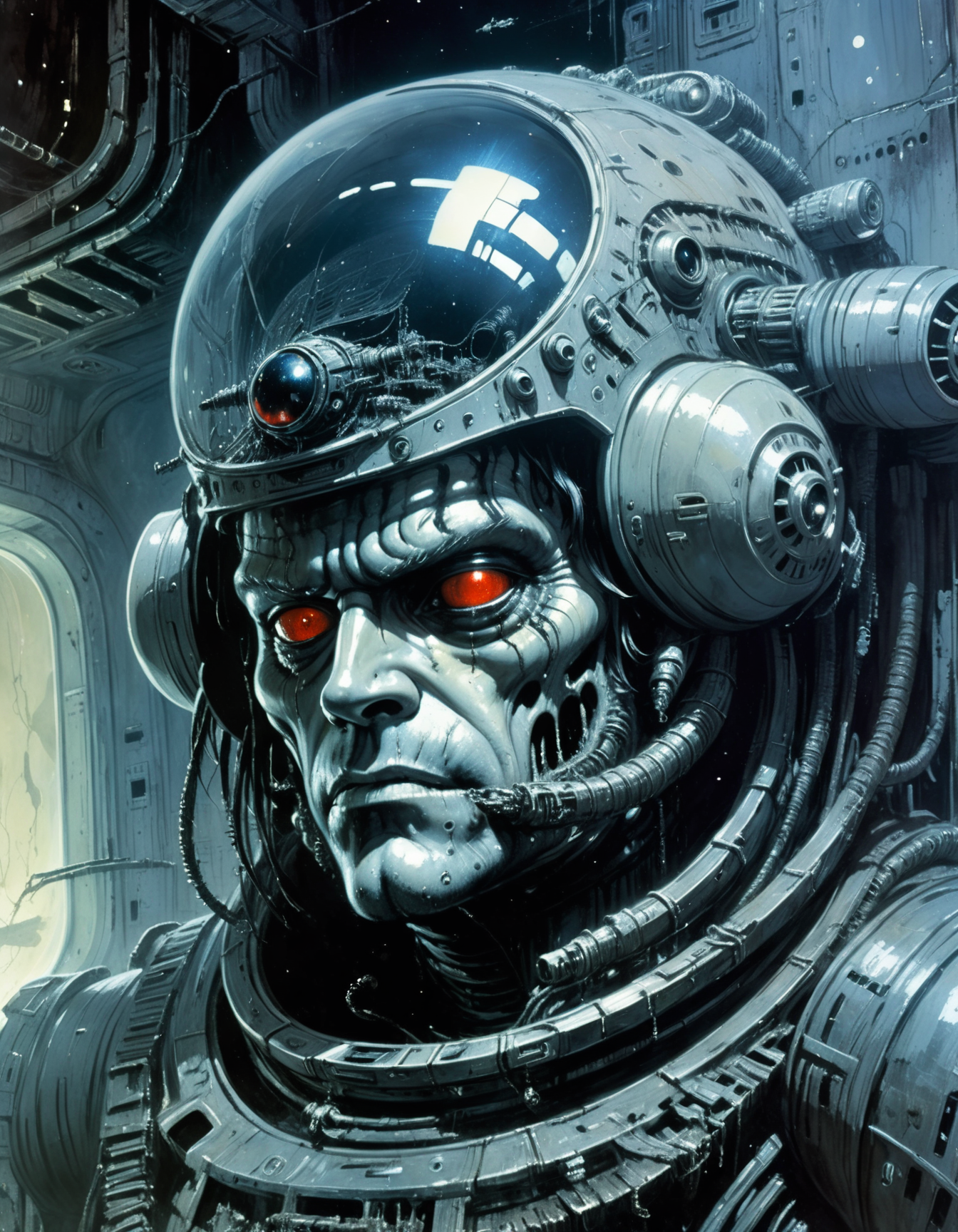 "Close-up, front-facing view of a scavenger, his face reflecting horror, within the chilling confines of a derelict space station. Sharp contrasts, lavishly intricate, drawing from H.R. Giger", surrealism, weird and pissed off, oil on canvas, dry brush, <lora:John Berkey Style:0.9>, John Berkey Style