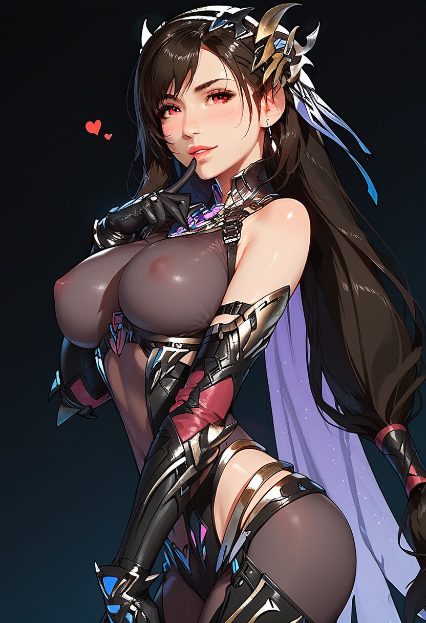 score_9, score_8_up, score_7_up, Expressiveh, BREAK 1girl, solo ,18 year old girl, youthful face, slim figure, medium boobs, round butt, dark, dark lighting, at night, night, tifa lockhart, red eyes, black hair, long hair, BahamutTifa, bodysuit, pose, posing