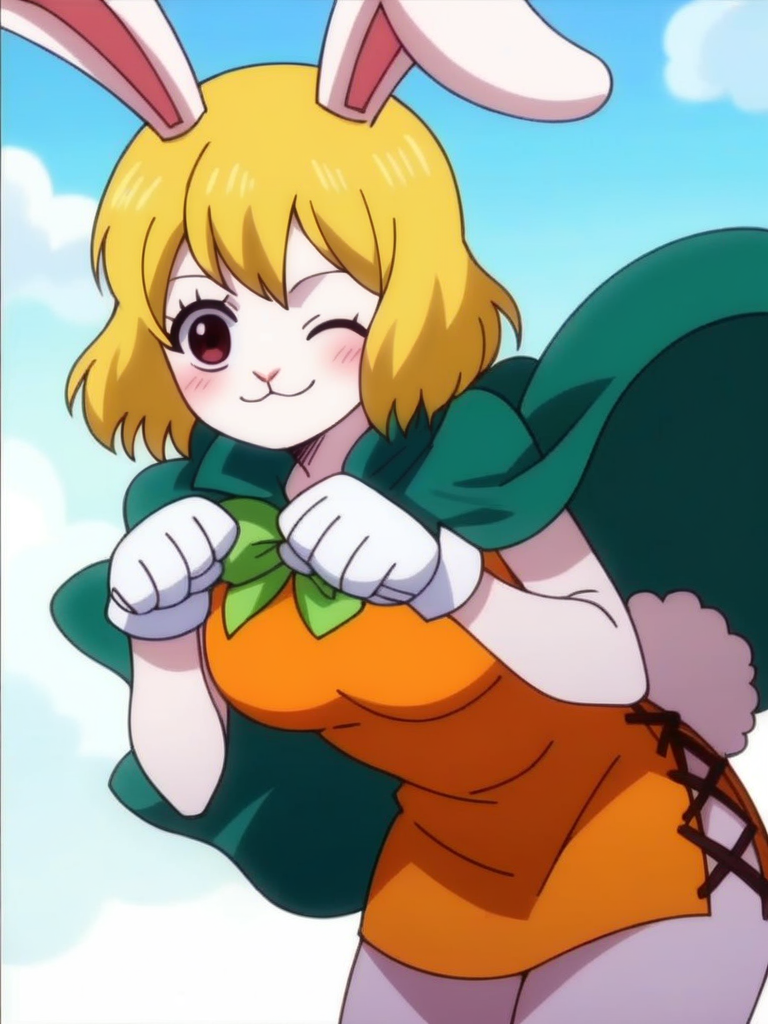 score_9, score_8_up, score_7_up, source_anime, 1girl, looking at viewer, blonde hair, rabbit ears, rabbit girl, furry female, very sexy, solo focus, looking at viewer, orange short dress, bare shoulders, green cape, white gloves, open clothes, smile, blush, cowboy shot, (dynamic pose:1.1), cute, medium breasts, thick thighs, sexy pose, dynamic angle, dutch angle, vegetation, sky, one eye closed, very happy, leaning forward, 
<lora:CarrotXLP_character:1> CarrotXLP, anime screencap, anime screencap,
