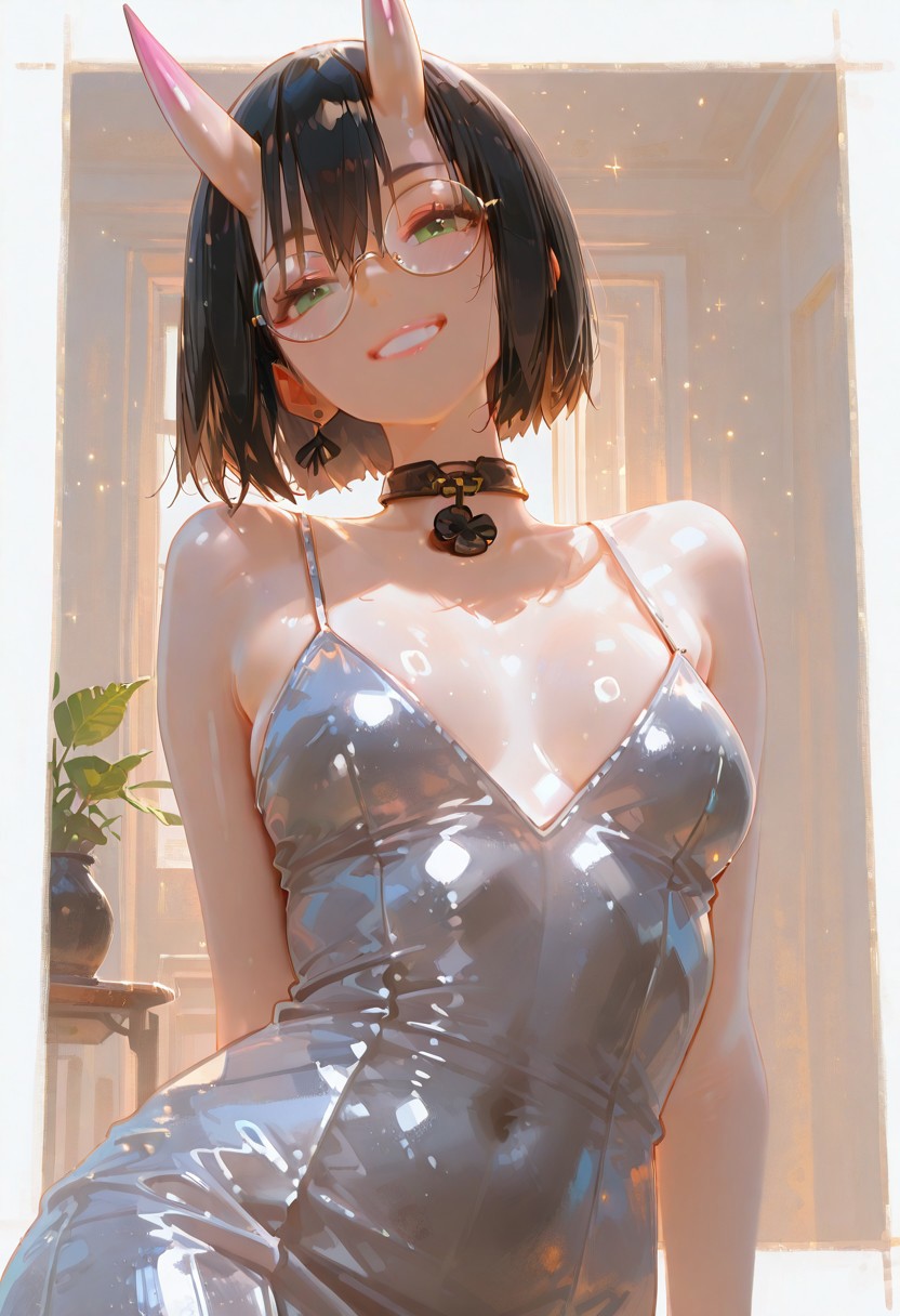 masterpiece, best quality, good quality, newest, highres, absurdres, volumetric lighting,gradient color, uncensored,
BREAK 
raytracing, volumetric lighting, ambient occlusion, 1girl, background, masterpiece, best quality, very awa, absurdres, model style, stylist,
BREAK
 ambient occlusion, raytracing, soft lighting, blum effect, masterpiece, absolutely eye-catching, particles, glow, shining, intricate cinematic background, (beautiful face),  
BREAK
jewelry, earrings, collar, looking at viewer, medium breast, adult,
BREAK
masterpiece,amazing quality,best quality,ultra-detailed,8K,illustration,CG, ultra-detailed-eyes, detailed background,cute face, eyelashes
BREAK
Aka-Oni, oni, colored skin, tanned skin, smooth horns, pink horns
BREAK
 short hair, bobcut, black hair, bangs, green eyes, small breasts, large breasts, slim, pale skin, big round eyeglasses, clear eyeglasses lenses, red lipgloss, aesthetic, perspective, solo, detailed, sensual look, pinup pose, neon lights, fluo colors, sensual look, silver pencil dress, chrome pencil dress, front view, smiling, posing sexy,
<lora:ppw_v7_animv4_1_r2:0.6> <lora:748cm_illu:0.6> 7481llu <lora:69yottea_illu_v2:0.4> <lora:illustrious_all_rated_v1:0.6> masterpiece, best quality, very aesthetic,  <lora:AIa¤a©a¹aaaaa:0.6>