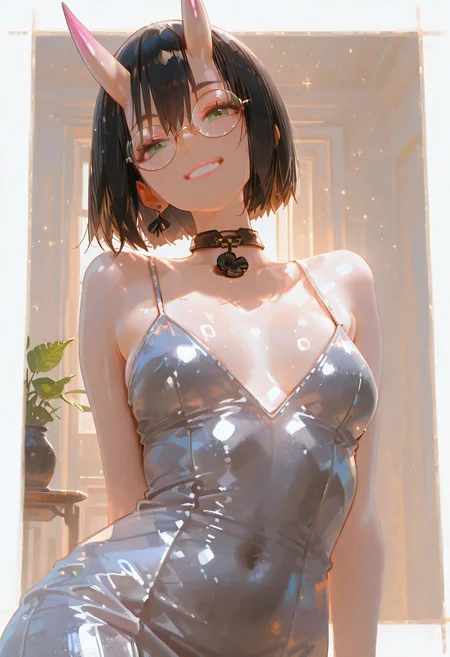 masterpiece, best quality, good quality, newest, highres, absurdres, volumetric lighting,gradient color, uncensored,
BREAK
raytracing, volumetric lighting, ambient occlusion, 1girl, background, masterpiece, best quality, very awa, absurdres, model style, stylist,
BREAK
ambient occlusion, raytracing, soft lighting, blum effect, masterpiece, absolutely eye-catching, particles, glow, shining, intricate cinematic background, (beautiful face),
BREAK
jewelry, earrings, collar, looking at viewer, medium breast, adult,
BREAK
masterpiece,amazing quality,best quality,ultra-detailed,8K,illustration,CG, ultra-detailed-eyes, detailed background,cute face, eyelashes
BREAK
Aka-Oni, oni, colored skin, tanned skin, smooth horns, pink horns
BREAK
short hair, bobcut, black hair, bangs, green eyes, small breasts, large breasts, slim, pale skin, big round eyeglasses, clear eyeglasses lenses, red lipgloss, aesthetic, perspective, solo, detailed, sensual look, pinup pose, neon lights, fluo colors, sensual look, silver pencil dress, chrome pencil dress, front view, smiling, posing sexy,
<lora:ppw_v7_animv4_1_r2:0.6> <lora:748cm_illu:0.6> 7481llu <lora:69yottea_illu_v2:0.4> <lora:illustrious_all_rated_v1:0.6> masterpiece, best quality, very aesthetic, <lora:AIa¤a©a¹aaaaa:0.6>