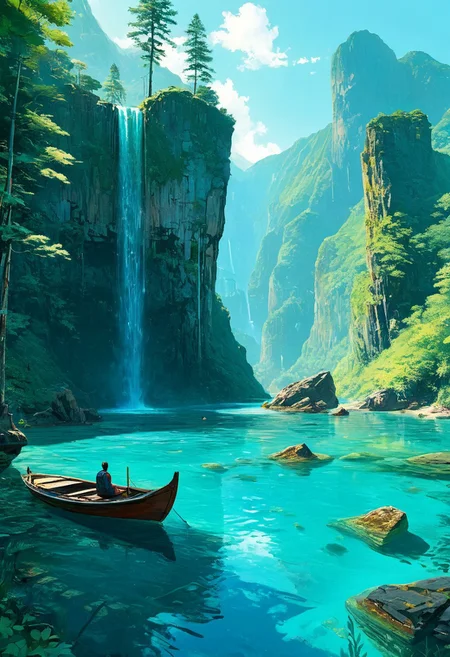 A serene and vibrant landscape featuring a towering waterfall cascading into a crystal-clear turquoise pool surrounded by lush green foliage and rocky cliffs. In the foreground, a wooden boat gently floats on the water with two figures seated, enjoying the peaceful scenery. The sunlight filters through the dense forest, illuminating parts of the water and enhancing the vibrant colors of the scene. The composition captures a harmonious balance between nature's grandeur and tranquil human presence, evoking a sense of adventure and calmness. The style is painterly, with rich color saturation and intricate details. anime, cyberpunk