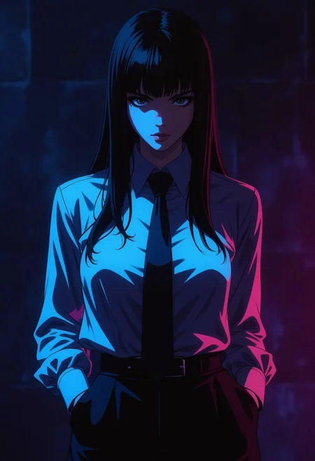 Create an intense, evocative portrait in the Japanese retro anime style of the 80s and 90s. The scene features a feale bathed in deep dark light. The background is stark, with sharp contrasts highlighting the contours of her form. The exclusively blue and purple and black palette intensifies the mood, evoking a setting bathed in neon light. Subtle film grain and meticulous shading add depth and texture, emphasizing the emotional gravity of the scene. The lighting creates a chiaroscuro effect, accentuating her expressive pose and the intense atmosphere. Long, black hair with bangs, and a braid in the back. close up. standing, Wearing a light dress shirt with dark dress pants, dark dress shoes, and a dark tie. Her face has Mediterranean features, especially her round eyes, aquiline nose, and full lips.