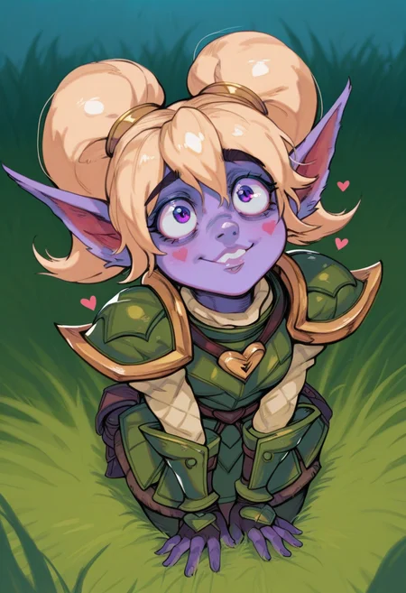 r3110style, masterpiece, best quality, solo, poppy \(league_of_legends\), blonde hair, armor, purple skin, love hearts, seated on grass, silly expression, grassy fantasy background