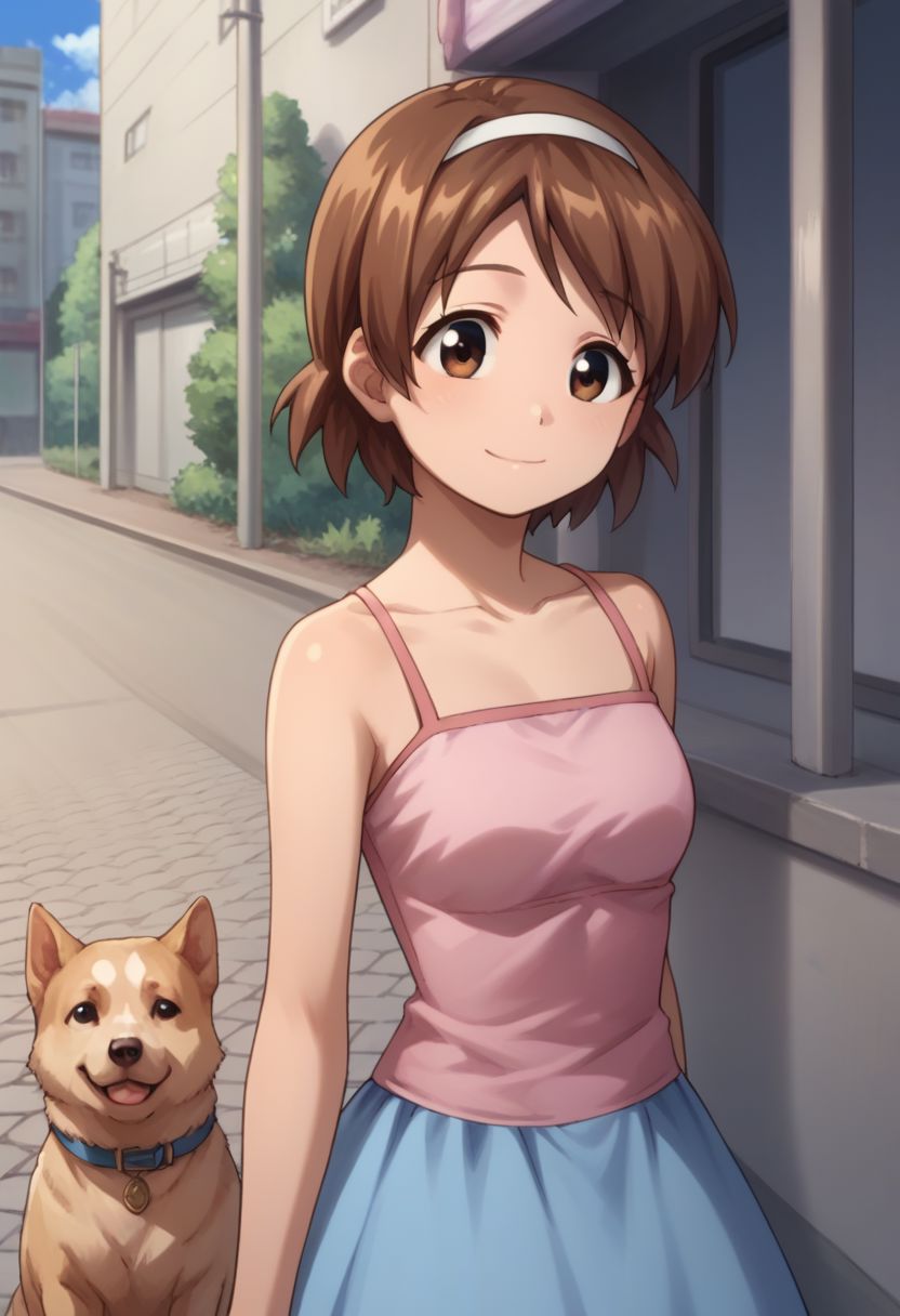 score_9, score_8_up, score_7_up, source_anime, 
sanae, 1girl, solo, brown hair, brown eyes, hairband, short hair, smile, dress, pink dress, bare shoulders, skirt, blue skirt, upper body,
outdoor, street, dog,