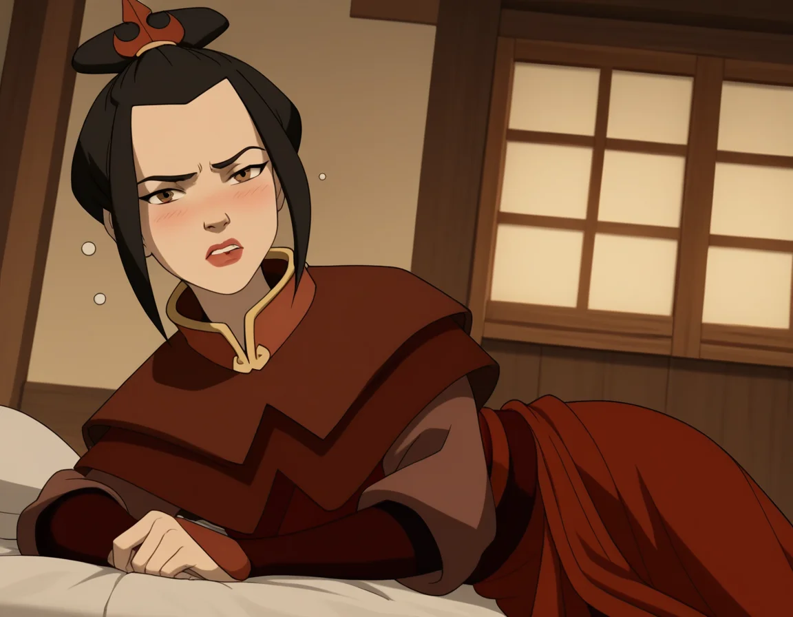 score_9, score_8_up, score_7_up, source_anime, <lora:azula-book2-ponyxl-lora-nochekaiser:1>, azula, black hair, brown eyes, topknot, sidelocks, hair bun, single hair bun, chinese clothes, capelet, sash, long sleeves, elbow gloves, , indoors, bed, bed room, on side, blush, drunk, looking at viewer, solo, cowboy shot, dutch angle