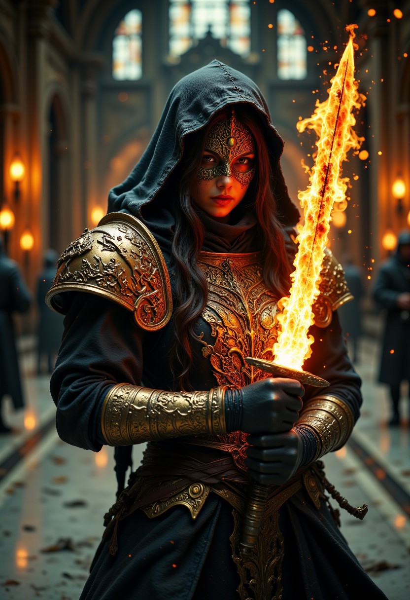 a female warrior in an ornate, medieval-style armor. The armor is predominantly black with intricate gold detailing, including elaborate patterns and embellishments. The warrior holds a glowing sword with a fiery blade, adding a dynamic element to the composition. Her face is partially obscured by a decorative mask, revealing only her intense eyes. She has long, dark hair cascading over her shoulders. The background is a grand architectural setting with arched windows and warm lighting, enhancing the dramatic and mystical atmosphere of the scene.