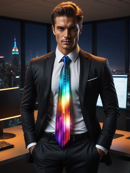 man wearing a glowing colorful mad-mtrx necktie and white shirt and black suit in office , dynamic pose , night, dynamic pose <lora:Colorful_Matrix_SDXL:0.6>, (masterpiece:1.2), best quality, (hyperdetailed, highest detailed:1.2), high resolution textures