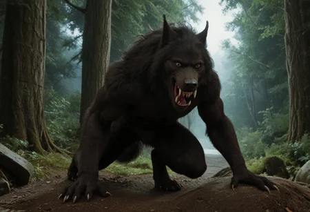 score 9, score 8, score 7, score 6, 1boy, furry male, solo, black fur, animal ears, yellow eyes, sharp teeth, claws, werewolf on down on all paws with tail in the air, (wagging tail, trying to look friendly), forest