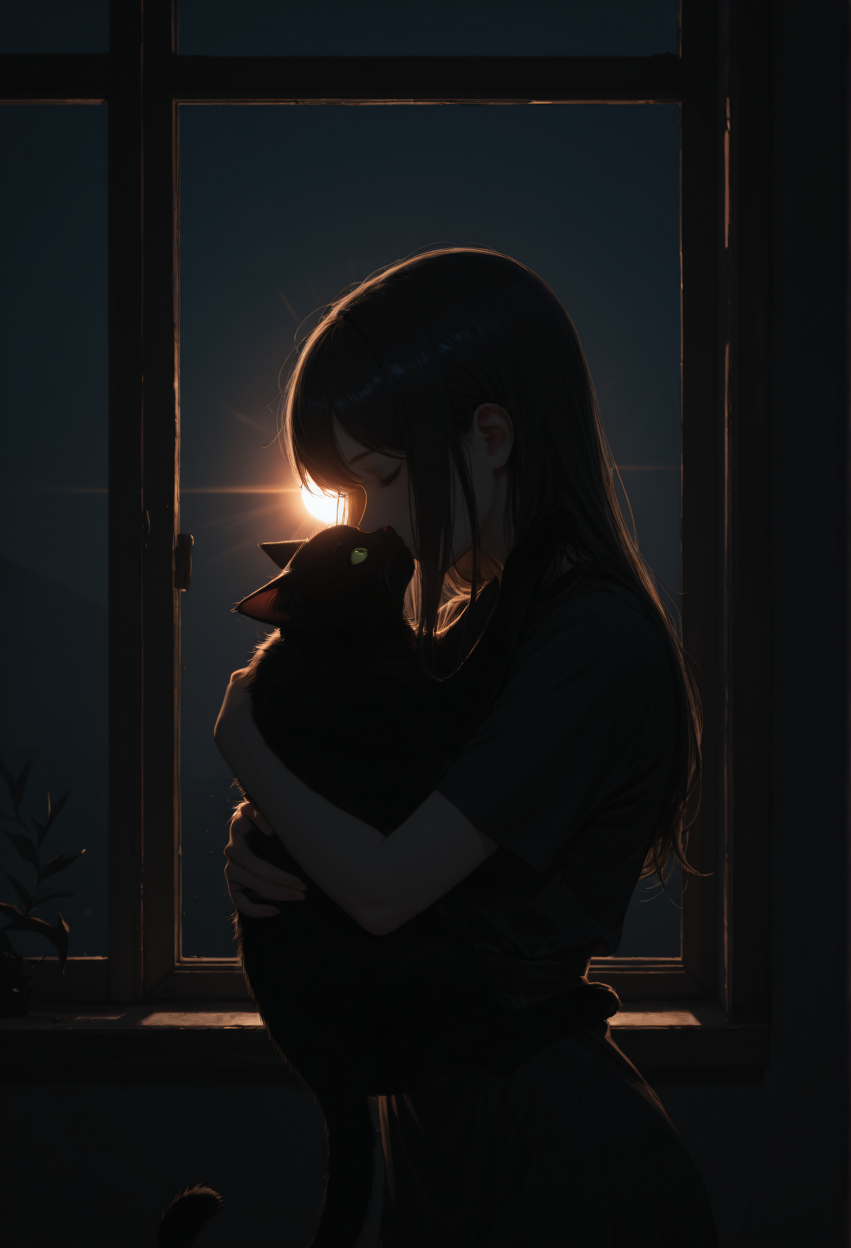 1girl, black cat, dark, dark theme, hug, sun, backlight, window, very awa, masterpiece, best quality, highres, absurdres