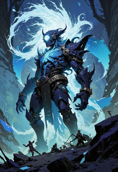 high quality, cyber arm, cybernetic arm, cyber limb, scifi, fantasy, masterpiece, best quality, great composition, The Revenant is a spectral, humanoid creature that appears ghostly and otherworldly. Its form hovers above the ground, giving it an ethereal and unsettling presence. The body is semi-transparent, with sharp, jagged features that make it look both menacing and unnatural. Its face is obscured, often appearing as a shadowy void or with glowing eyes that pierce through the darkness. The Revenant’s arms are elongated and end in claw-like appendages, giving it a sinister, predatory look. Its lower body fades into a swirling mist, emphasizing its incorporeal nature. It moves fluidly, as though gliding effortlessly, and its presence is often accompanied by an eerie glow or shimmering aura. When attacking, the Revenant strikes swiftly and leaves an otherworldly impression, making it feel like an unstoppable force. Its spectral design and unnerving movement make it a haunting and unforgettable entity. <lora:FLUX\FLUX-daubrez-DB4RZ:0.3> <lora:FLUX\ArcaneFGTNR:0.5> <lora:FLUX\VividlySurrealApex:0.6> <lora:FLUX\Anime v1.3:0.5>