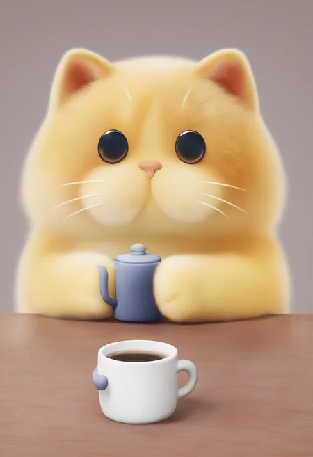 3d, animal focus, cup, cat, no humans, animal focus, mug, animal, whiskers, coffee mug, bottle, looking at viewer, coffee, reflection, indoors, table, game-cg, looking at viewer, no humans, simple background, solo, upper body, yellow fur, <lora:AnimalParty-style-000020:1>
