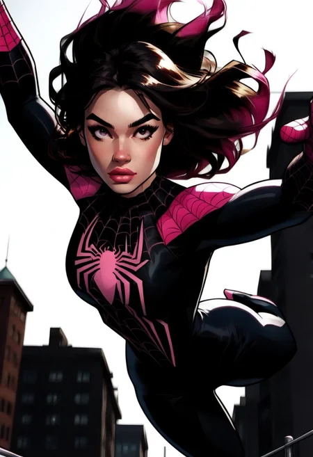 /Spider_Ayane/, pink lipstick, long black hair, pink hair highlights, medium breasts, portrait, black bodysuit with pink spider print, looking at viewer, pouty lips, pink eyes, dynamic pose, leaping into the air, web swinging, spiderman pose, full body shot