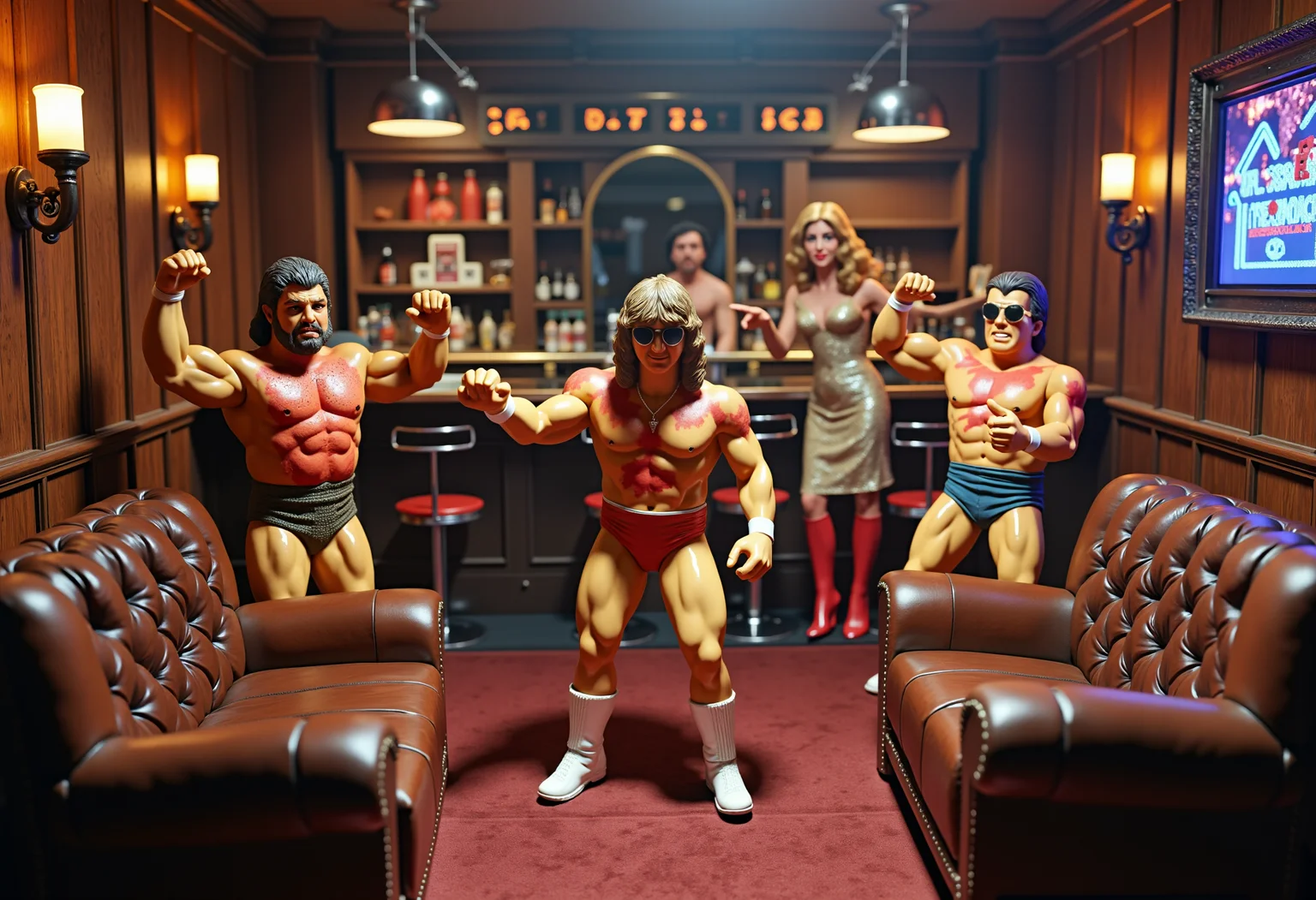 an infected picture, a scene where a bunch of big rubber tough figurines in ridiculous 70s outfits are partying in a 1970s lounge. It has wood paneling, pleather tufted furniture, Miss Elizabeth tending bar, and disco lights. . gelatinous jaundiced milky goo residue, elaborate repugnant asymmetrical discoloration, liver spots. dirty, worn, grime. grit. glow effects, godrays, Hand drawn, render, 8k, cinema 4d, dark, atmospheric 4k ultra detailed, cinematic, Sharp focus, big depth of field, Masterpiece, colors, 3d octane render, 4k, concept art, hyperrealistic, Vivid colors, extremely detailed wallpaper, Intricate, High Detail, dramatic