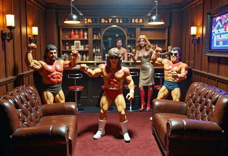 an infected picture, a scene where a bunch of big rubber tough figurines in ridiculous 70s outfits are partying in a 1970s lounge. It has wood paneling, pleather tufted furniture, Miss Elizabeth tending bar, and disco lights. . gelatinous jaundiced milky goo residue, elaborate repugnant asymmetrical discoloration, liver spots. dirty, worn, grime. grit. glow effects, godrays, Hand drawn, render, 8k, cinema 4d, dark, atmospheric 4k ultra detailed, cinematic, Sharp focus, big depth of field, Masterpiece, colors, 3d octane render, 4k, concept art, hyperrealistic, Vivid colors, extremely detailed wallpaper, Intricate, High Detail, dramatic