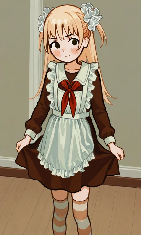 1girl, Nika, blonde, long hair, frilled apron, frilled hair scrunchie, red neckerchief, brown dress, stripped thighhigs, dress lift