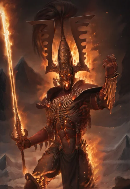 (absurdres, best quality, masterpiece:1.4), score_9, score_8_up, score_7_up, score_6_up, detailed, detailed body, detailed face,
avaKhaine, burning sword, burning mouth, armor, helmet,
mountain background