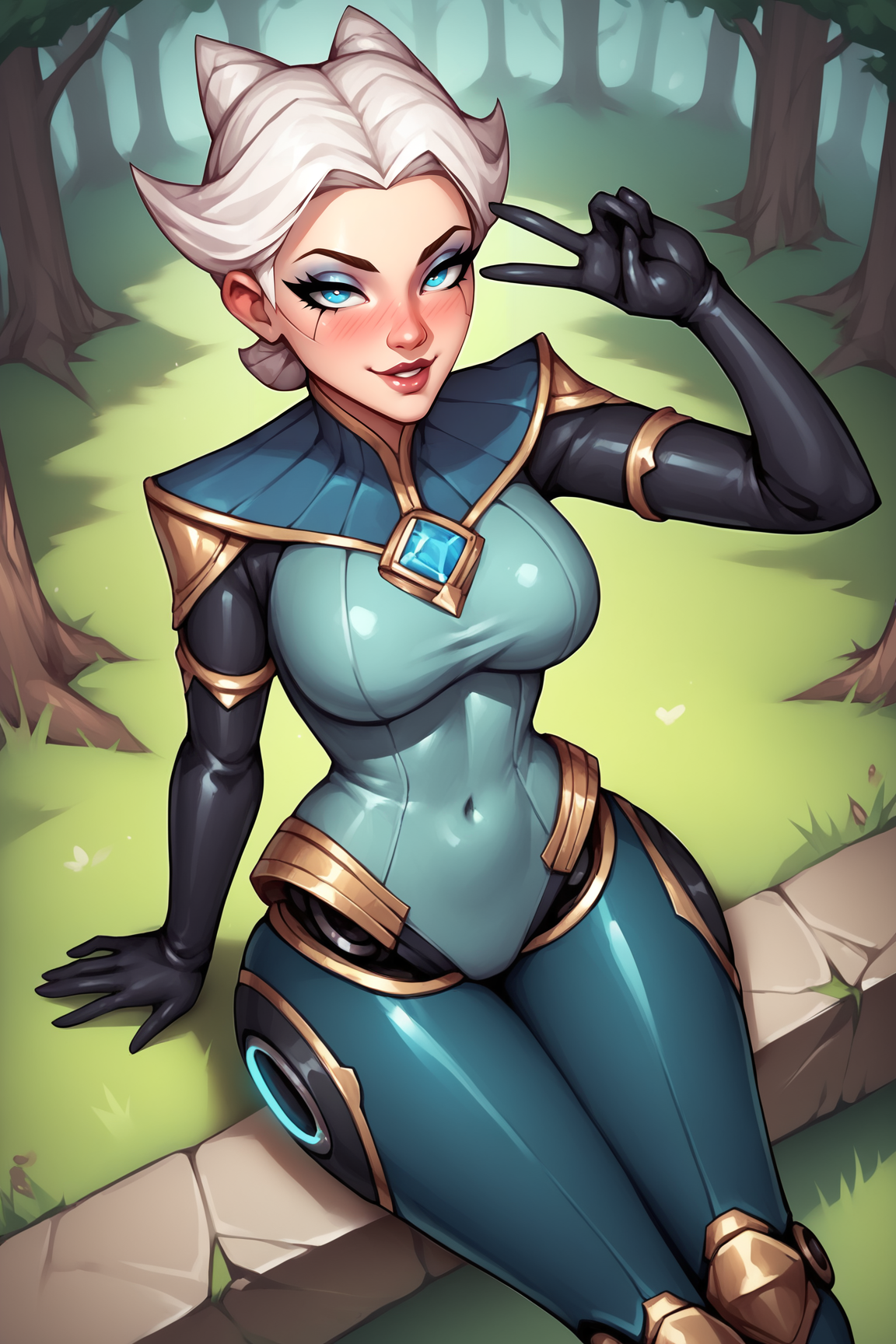 score_9, score_8_up, score_7_up, score_6_up, BREAK, CarmilleLoLPXL, blue eyes, white hair, short hair, wide hips, large breasts, blue gem, blue bodysuit, elbow gloves, black gloves, robot joints, solo, sitting, above view, peace sign, seductive smile, looking at viewer, naughty face, nose blush, forest, tree <lora:CarmilleLoLPXL:0.8>