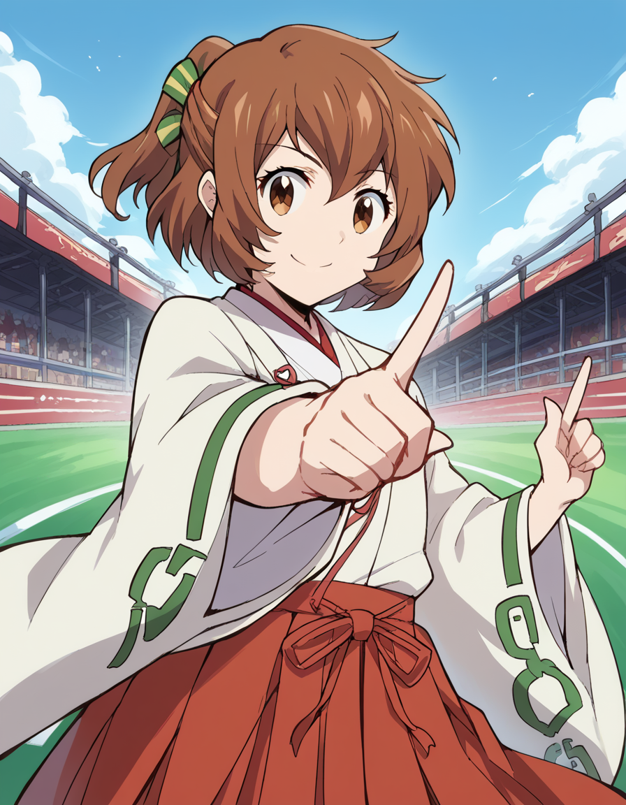 score_9, score_8_up, score_7_up, source_anime, <lora:loghorizon-minori-s2s3-ponyxl-lora-nochekaiser:1>, minori, short hair, brown hair, brown eyes, half updo, ponytail, short ponytail, hair ribbon,, japanese clothes, wide sleeves, miko, hakama, red hakama,, roller coaster, tracks, speed, fun, thrill, smile, <lora:koi-dance-ponyxl-lora-nochekaiser:1>, koi dance, index finger raised, dancing, outstretched arm, pointing at viewer, pointing, pointing up,, looking at viewer, solo,, dutch angle, cowboy shot