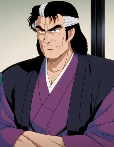 <lora:kaibara_yuzan_ill_0.90-000010:1>, yuzan, oldman, purple kimono, haori, sitting, crossed arm, solo, upper body, portrait, face focus, masterpiece, best quality, good quality, anime coloring,