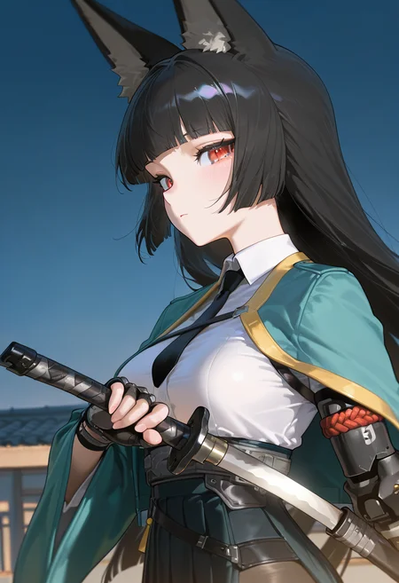 masterpiece, best quality, amazing quality, very aesthetic, absurdres,  newest, scenery, 
EBMiyabi, 1girl, solo, animal ear fluff, aqua jacket, black hair, black necktie, black pantyhose, blunt bangs, blunt ends, collared shirt, dress shirt, fingerless gloves, fox ears, fox girl, gauntlets, high-waist skirt, holding sheath, katana, medium skirt, pleated skirt, red eyes, side slit, single fingerless gloves, single gauntlet, white shirt, wide sleeves, single mechanical arm, outdoors, rooftop, night sky, close-up, upper body, looking at viewer, expressionless, blush, from side, side view, 
(colorful), masterpiece, best quality, amazing quality, very aesthetic, absurdres,  newest, scenery,   <lora:MiyabiIL-10:1>
