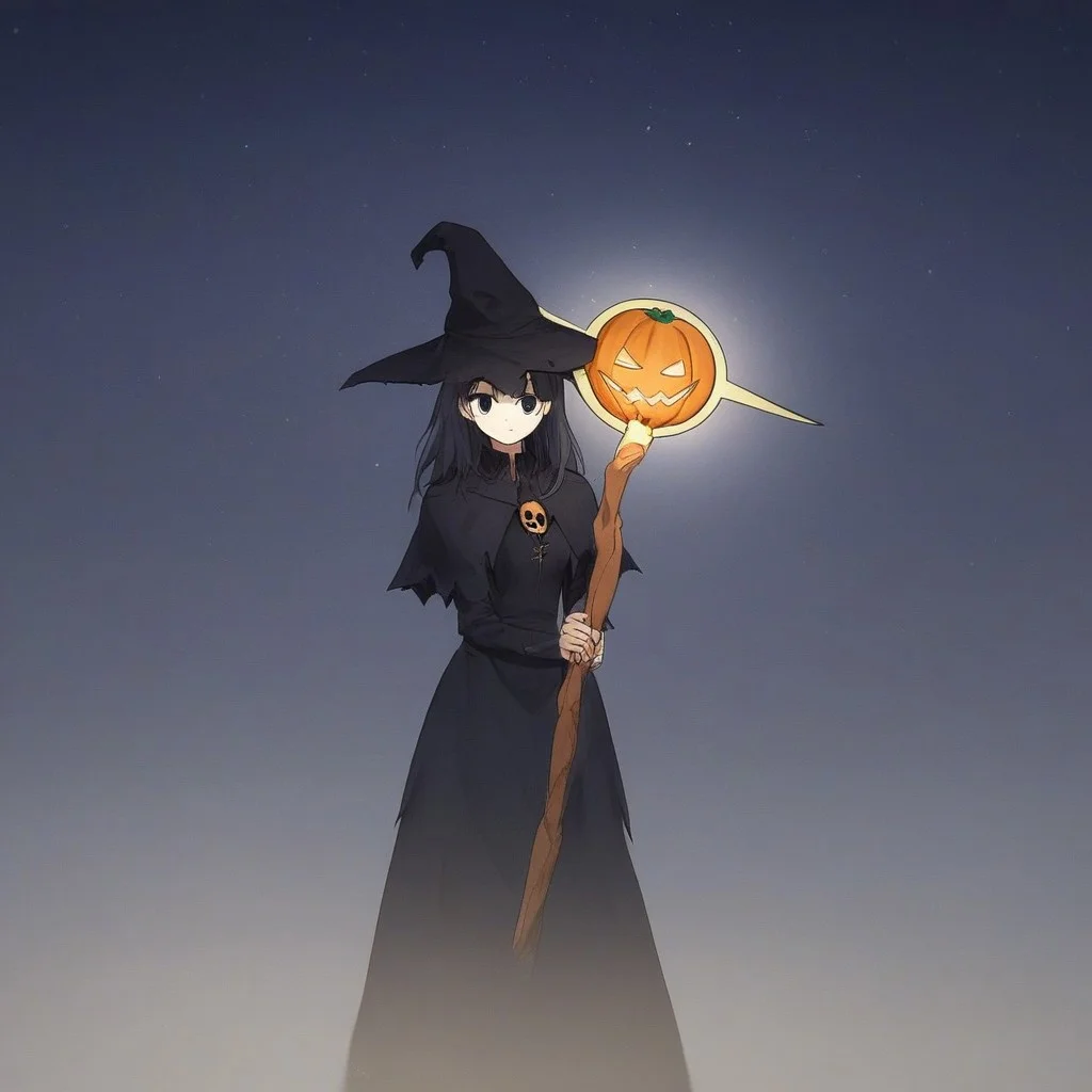10k Res, Gritty, noir, source_anime+, Bright, (Cell Shading), (masterpiece), 1girl, cute, witch, holding staff, night time, halloween