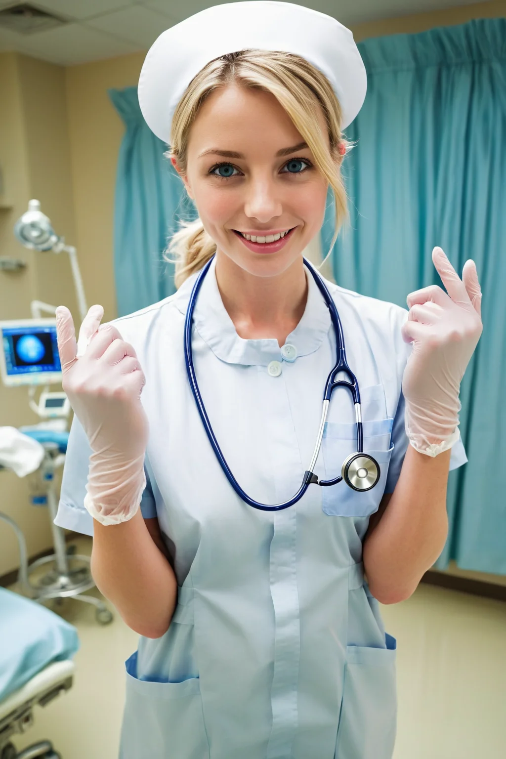 (RAW photo, best quality), wide angle photo, masterpiece, 1girl, natural lighting
hospital, operating room, surgical gloves,
(((White))) nurse uniform smooth, nurse, nurse hat, stethoscope,
Caucasian, blonde, blue eyes, light smile,
dslr, focused, blurred background,
<lora:nurse_uniform_xl_v1_1-000003:1>